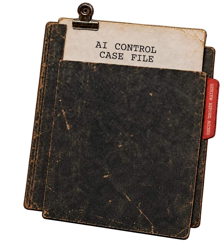 An AI Control Case File folder with a red Review Before Access tab.
